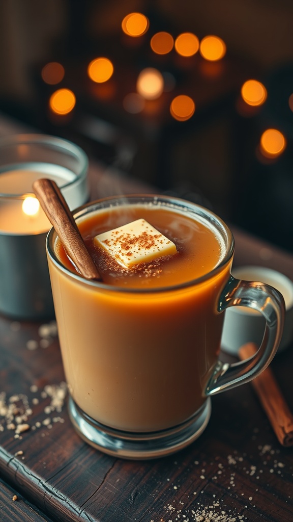 A cozy mug of hot buttered rum garnished with cinnamon, ready for a cold evening.